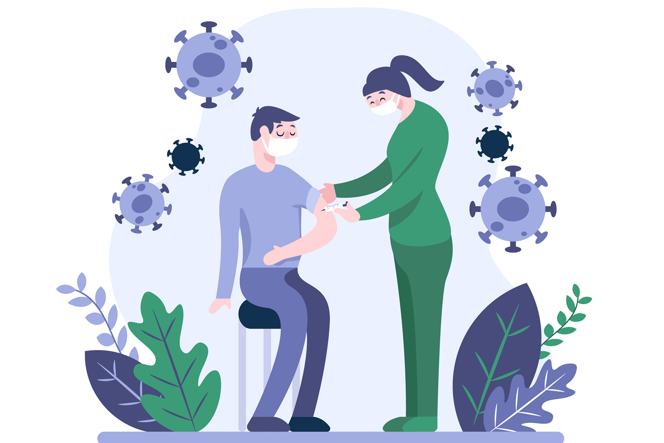 Healthcare worker vaccinating a patient with virus particles